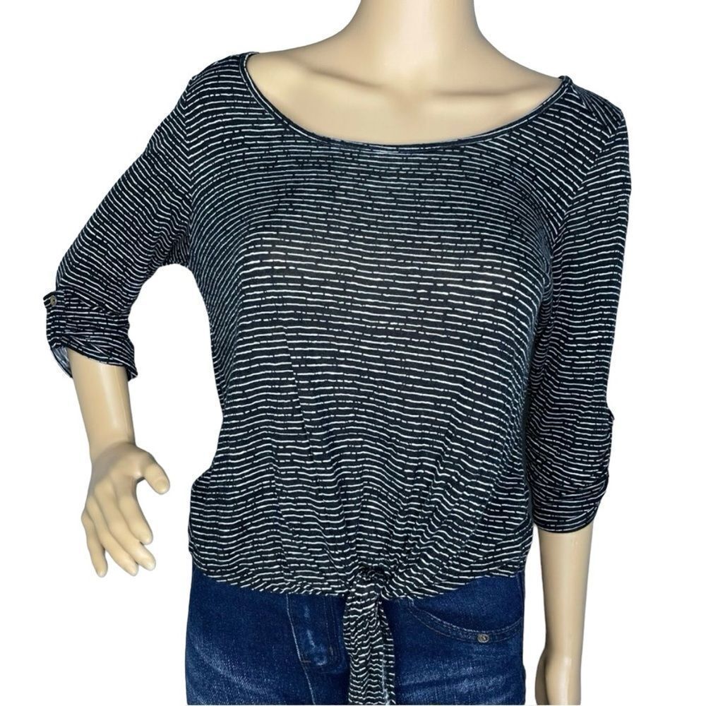 Charlotte Russe 3/4 Sleeve Horizontal Stripe Blouse Scoop Neck Black White Med